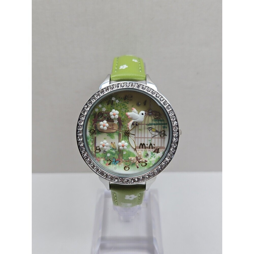 Mini Watch Womens 3D Garden Bird Flower Crystal Bezel Leather Quartz New Battery
